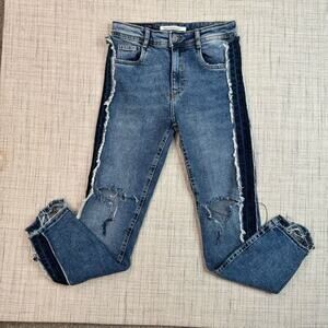 Zara Trafaluc Cropped Distressed Fringe Stripe Two Tone Denim Jeans Women’s Size